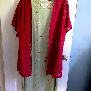 Cute Petite summer light green dress with cranberry flowers and matching sweater